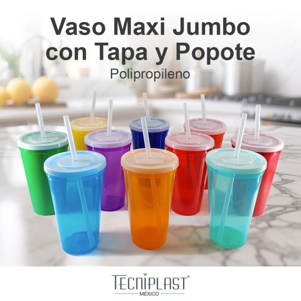 Vaso Maxi Jumbo PP con Tapa y Popote Polipropileno Plástico 1188 foto 2