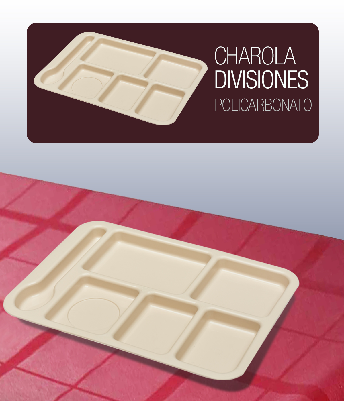 Charola de plástico policarbonato con 6 divisiones para comedores industriales restaurantes