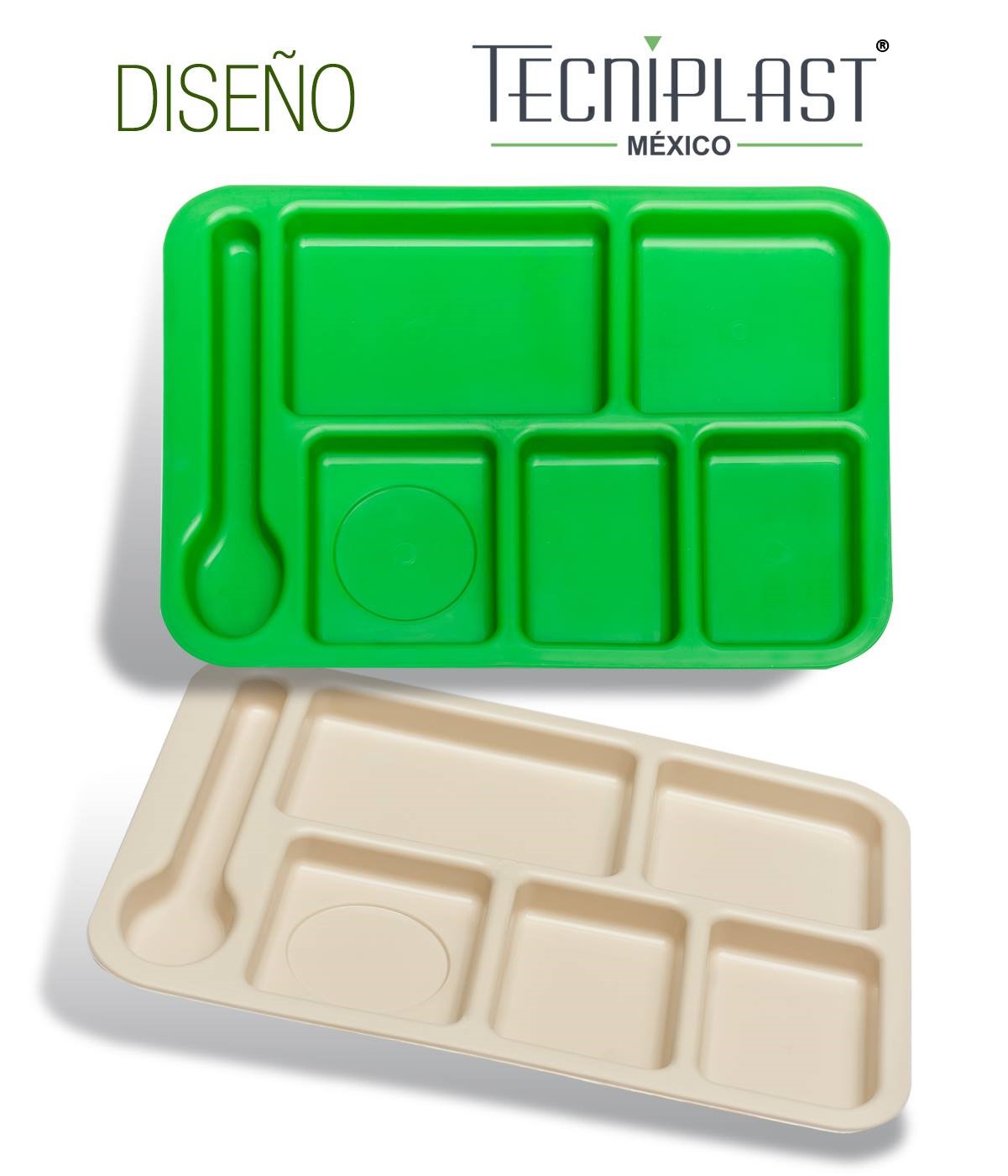 Charola de plástico policarbonato con 6 divisiones para comedores industriales restaurantes