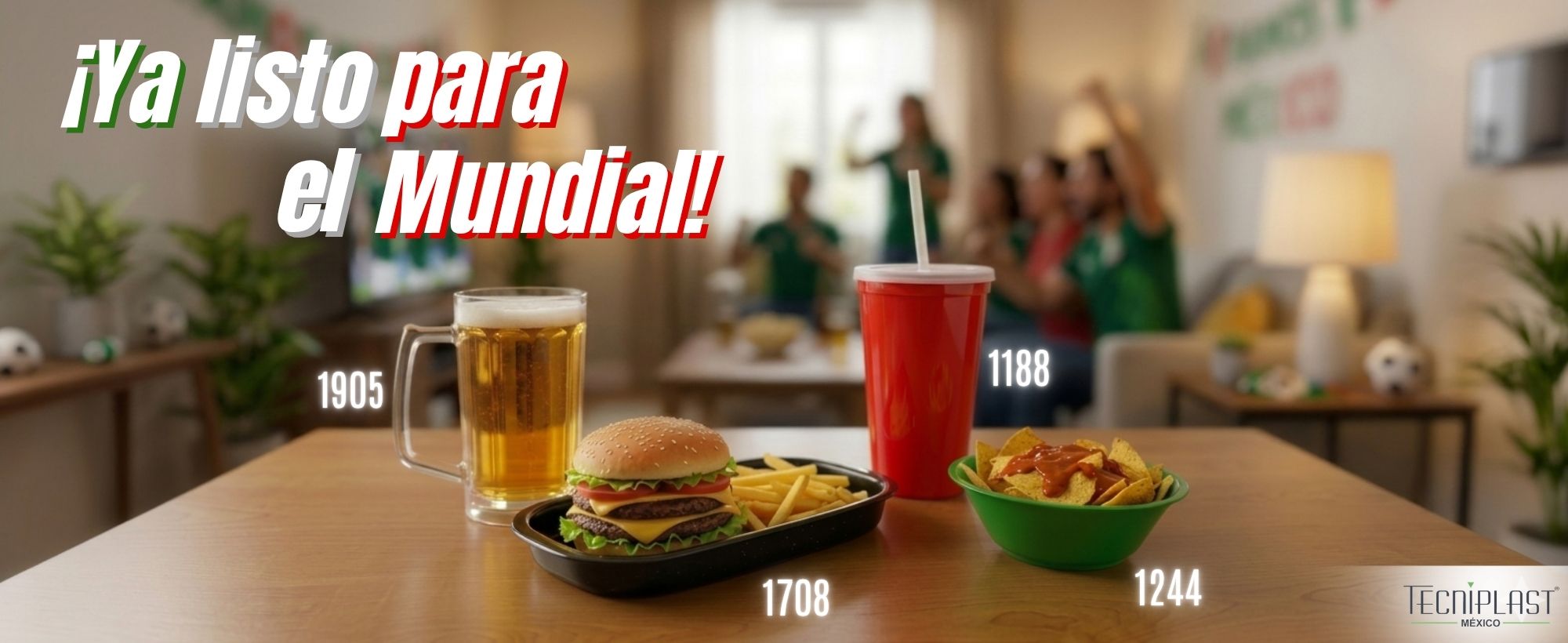 Plato Botanero PP – 1244 Tarro Cervercero 2 PC – 1905 Vaso Maxi Jumbo PP con Tapa y Popote – 1188 Bandeja Ovalada Plastipeltre PP – 1708